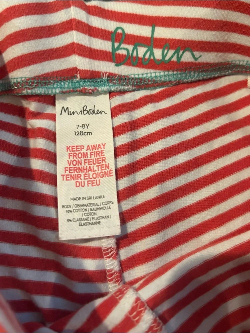 Mini Boden Red and White Stripe Leggings with Apple Knee Patches Size 7-8Y